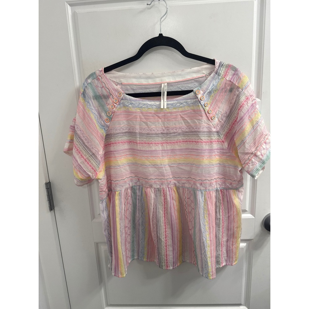 Anthropologie Embroidered Babydoll Blouse Pastel Rainbow Cotton Top Small